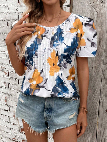 Essnce Flower Printed Puff Sleeve Shirt For Vacation And Leisure