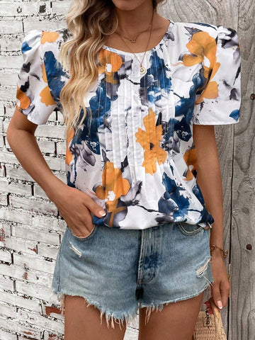 Essnce Flower Printed Puff Sleeve Shirt For Vacation And Leisure