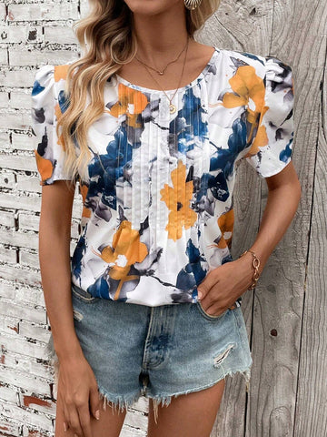 Essnce Flower Printed Puff Sleeve Shirt For Vacation And Leisure