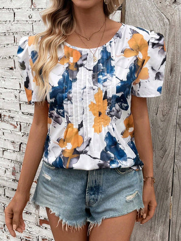 Essnce Flower Printed Puff Sleeve Shirt For Vacation And Leisure