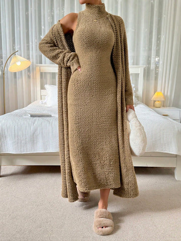 Fluffy Warm Dress And Coat 2pcs/set
