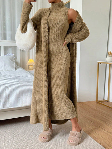 Fluffy Warm Dress And Coat 2pcs/set