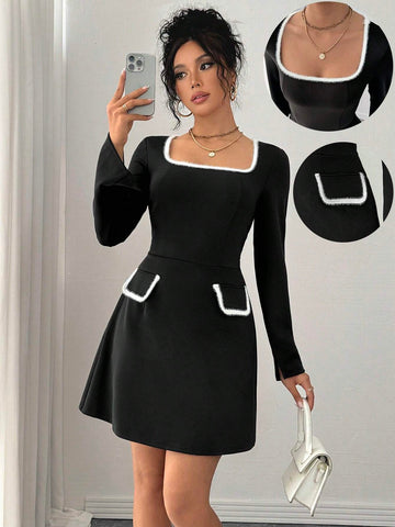 Essnce French Elegant Party Elegant Waisted Knitted Square Collar Long Sleeve Split A-Line Peplum