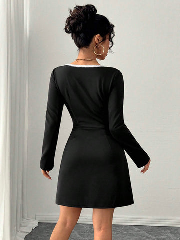 Essnce French Elegant Party Elegant Waisted Knitted Square Collar Long Sleeve Split A-Line Peplum