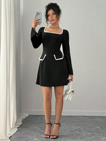 Essnce French Elegant Party Elegant Waisted Knitted Square Collar Long Sleeve Split A-Line Peplum
