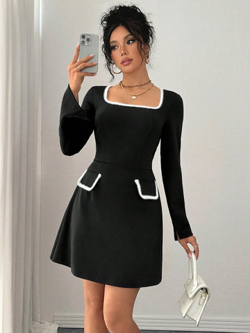 Essnce French Elegant Party Elegant Waisted Knitted Square Collar Long Sleeve Split A-Line Peplum