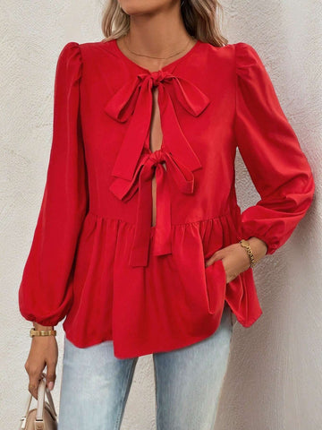 Essnce French Tie Bow Lantern Sleeve Casual Shirt