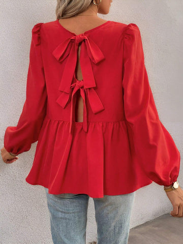 Essnce French Tie Bow Lantern Sleeve Casual Shirt