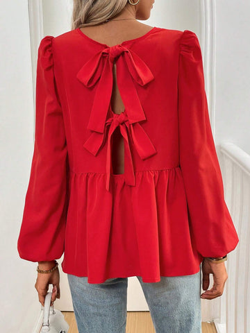 Essnce French Tie Bow Lantern Sleeve Casual Shirt