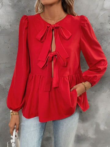 Essnce French Tie Bow Lantern Sleeve Casual Shirt