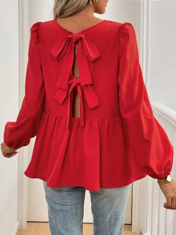 Essnce French Tie Bow Lantern Sleeve Casual Shirt