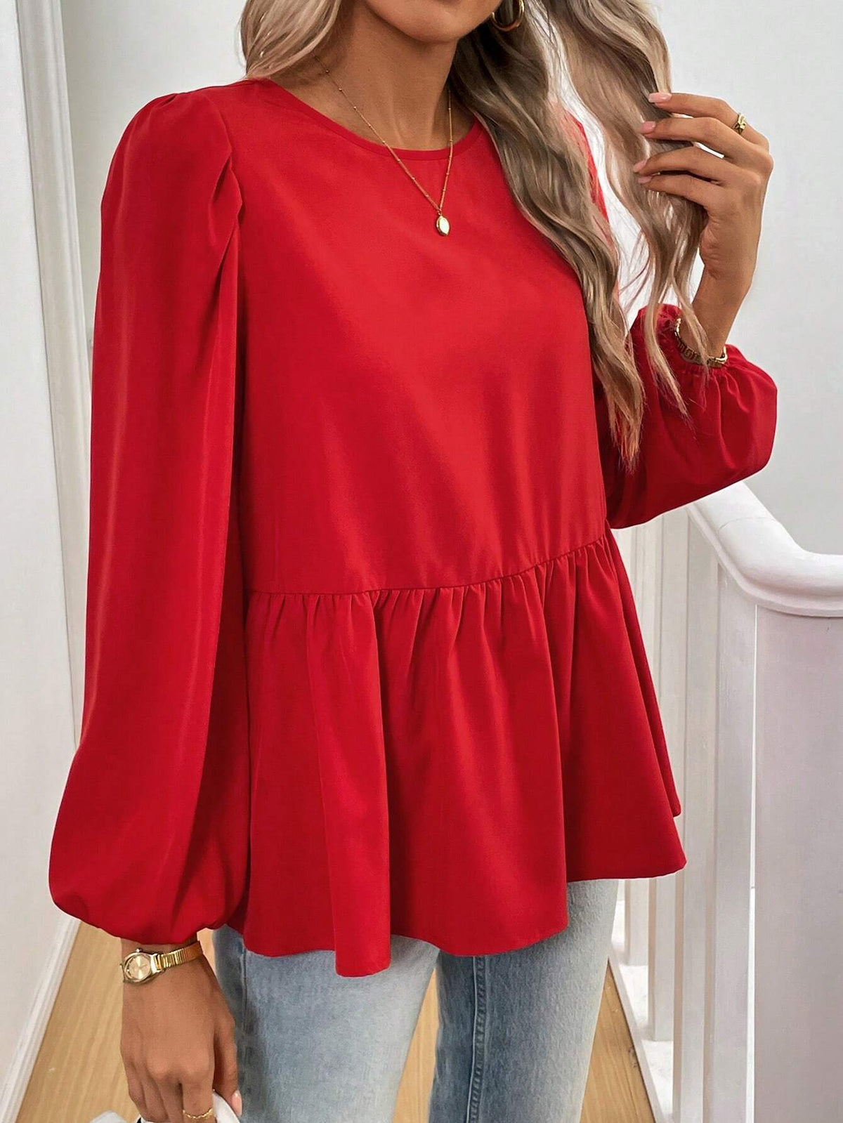 Essnce French Tie Bow Lantern Sleeve Casual Shirt