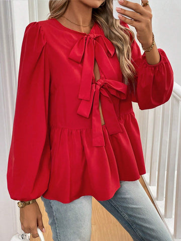 Essnce French Tie Bow Lantern Sleeve Casual Shirt