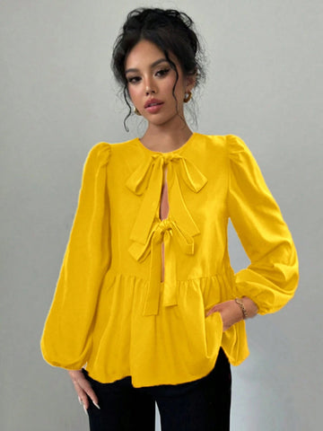 Essnce French Tie Cute Babydoll Shirt With Bow Lantern Sleeves Puff Sleeves Red Long-Sleeved Reversible Casual Shirt