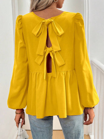 Essnce French Tie Cute Babydoll Shirt With Bow Lantern Sleeves Puff Sleeves Red Long-Sleeved Reversible Casual Shirt