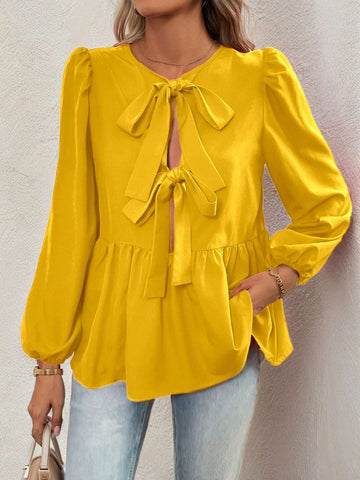 Essnce French Tie Cute Babydoll Shirt With Bow Lantern Sleeves Puff Sleeves Red Long-Sleeved Reversible Casual Shirt