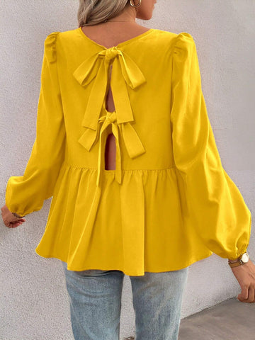 Essnce French Tie Cute Babydoll Shirt With Bow Lantern Sleeves Puff Sleeves Red Long-Sleeved Reversible Casual Shirt