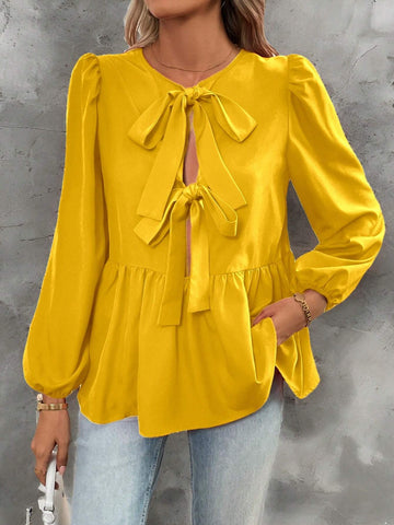 Essnce French Tie Cute Babydoll Shirt With Bow Lantern Sleeves Puff Sleeves Red Long-Sleeved Reversible Casual Shirt