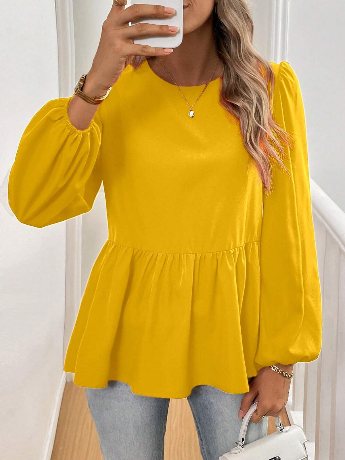 Essnce French Tie Cute Babydoll Shirt With Bow Lantern Sleeves Puff Sleeves Red Long-Sleeved Reversible Casual Shirt