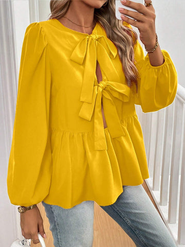 Essnce French Tie Cute Babydoll Shirt With Bow Lantern Sleeves Puff Sleeves Red Long-Sleeved Reversible Casual Shirt