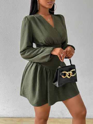 French V-Neck Pleated Waist Elegant A-Line Fashion Moss Green Long Sleeve Mini Short Dress