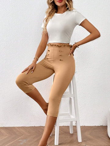 Essnce Frill Trim Button Detail Capri Leggings