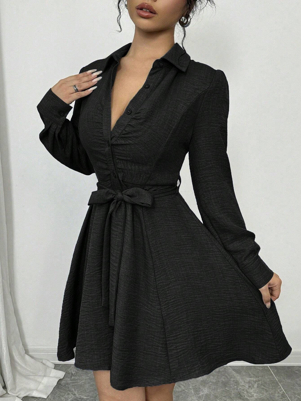 Front Button Pleated Waist Drawstring Long Sleeve Mid-Length Elegant Dress For Women