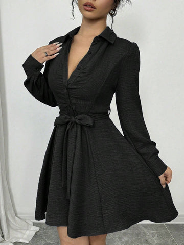 Front Button Pleated Waist Drawstring Long Sleeve Mid-Length Elegant Dress For Women