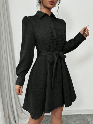 Front Button Pleated Waist Drawstring Long Sleeve Mid-Length Elegant Dress For Women