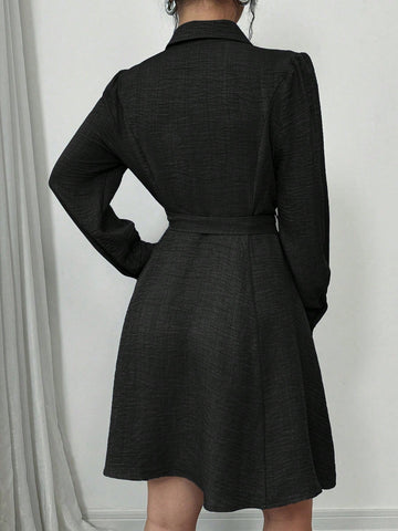 Front Button Pleated Waist Drawstring Long Sleeve Mid-Length Elegant Dress For Women