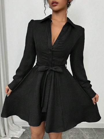 Front Button Pleated Waist Drawstring Long Sleeve Mid-Length Elegant Dress For Women