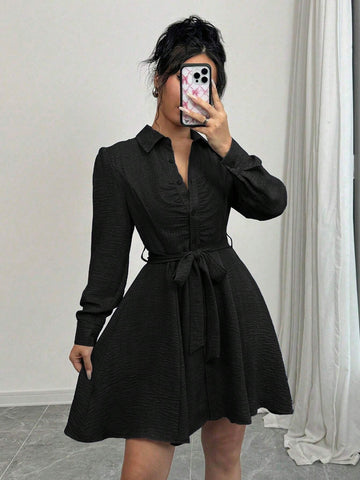 Front Button Pleated Waist Drawstring Long Sleeve Mid-Length Elegant Dress For Women