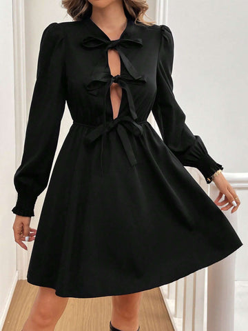 Front Tie Casual Solid Color Long Sleeve Dress