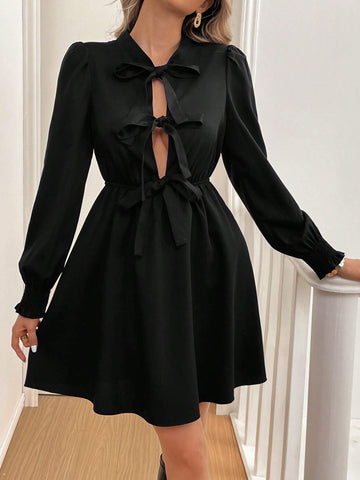 Front Tie Casual Solid Color Long Sleeve Dress