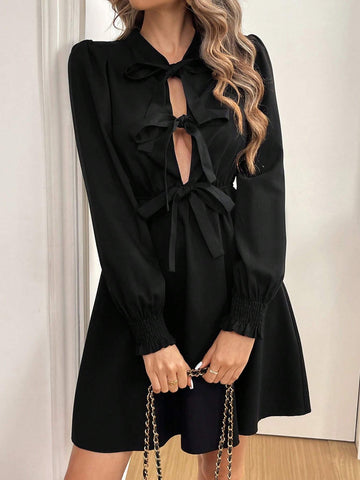 Front Tie Casual Solid Color Long Sleeve Dress