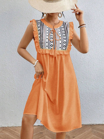 Geometric Printed Sleeveless Dress With Ruffle Hem And Embellished Trim
