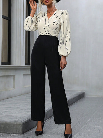 Graphic Print Lantern Sleeve Wide Leg Jumpsuit