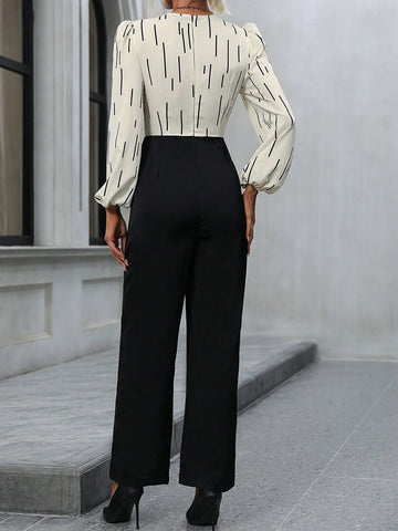 Graphic Print Lantern Sleeve Wide Leg Jumpsuit