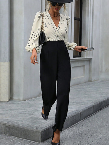 Graphic Print Lantern Sleeve Wide Leg Jumpsuit