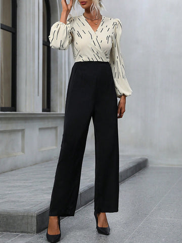 Graphic Print Lantern Sleeve Wide Leg Jumpsuit