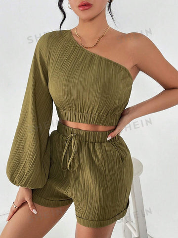 Green One Shoulder Ruched Texture Long Sleeve Cropped Top & Shorts Two Pieces Set Spring Outfit