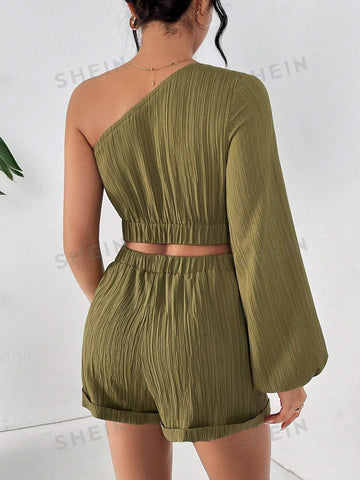 Green One Shoulder Ruched Texture Long Sleeve Cropped Top & Shorts Two Pieces Set Spring Outfit