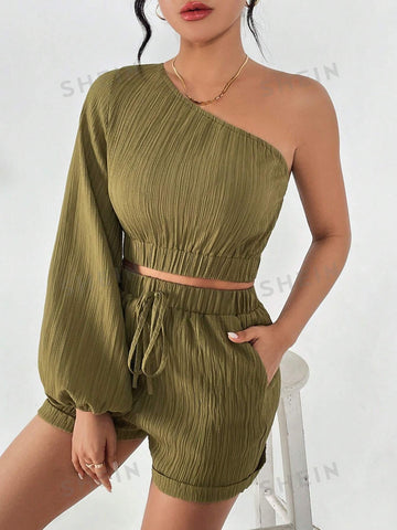 Green One Shoulder Ruched Texture Long Sleeve Cropped Top & Shorts Two Pieces Set Spring Outfit