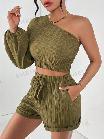 Green One Shoulder Ruched Texture Long Sleeve Cropped Top & Shorts Two Pieces Set Spring Outfit