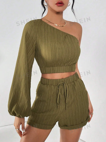 Green One Shoulder Ruched Texture Long Sleeve Cropped Top & Shorts Two Pieces Set Spring Outfit