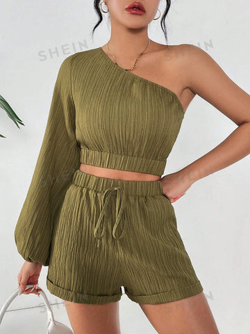 Green One Shoulder Ruched Texture Long Sleeve Cropped Top & Shorts Two Pieces Set Spring Outfit