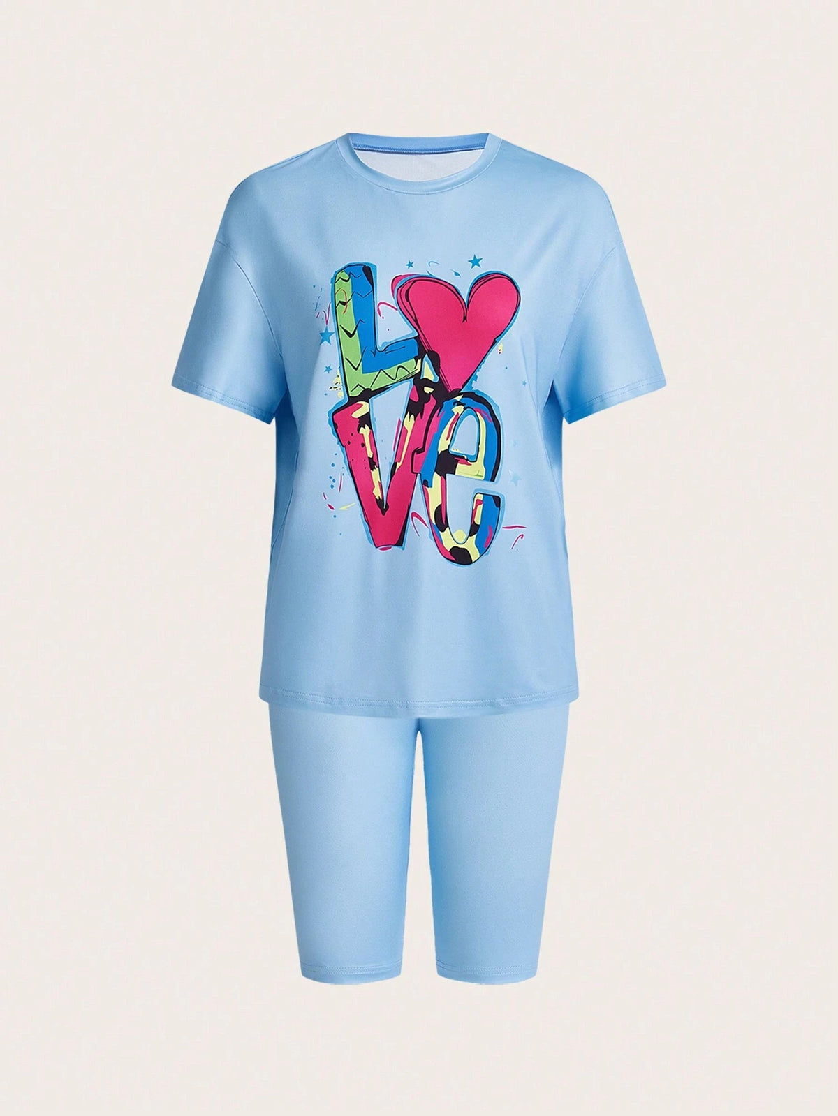 H-Style O-Neck Casual Knitted Short Sleeve Set With Heat Transfer Print And Heart Pattern