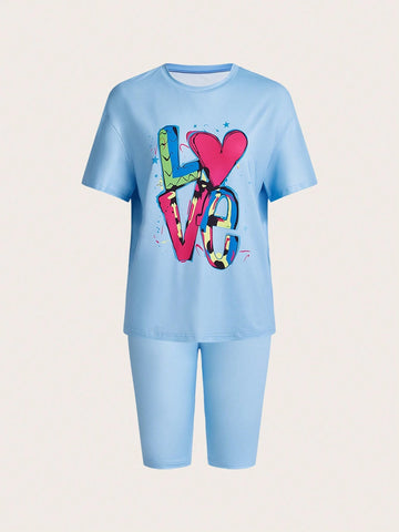 H-Style O-Neck Casual Knitted Short Sleeve Set With Heat Transfer Print And Heart Pattern