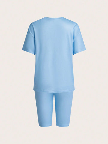 H-Style O-Neck Casual Knitted Short Sleeve Set With Heat Transfer Print And Heart Pattern