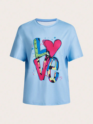 H-Style O-Neck Casual Knitted Short Sleeve Set With Heat Transfer Print And Heart Pattern